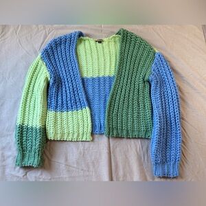 Wild Fable Chunky Cropped Blue & Green Colorblock Knit Cardigan